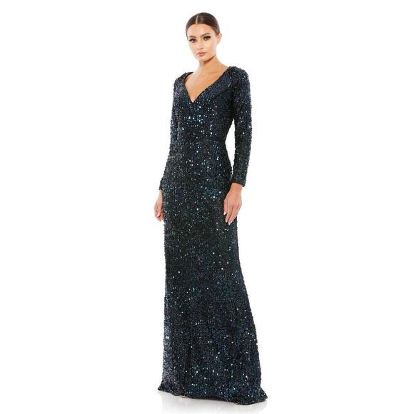 Ieena MacDuggal dress 4 navy blue two sleeve gown prom formal sequin sparkle - Picture 1 of 7